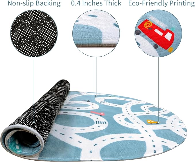 LIVEBOX Blue 3'x5' Non-Slip Kids Play Rug, Machine Washable Road Mat for Playroom, Toy Room Carpet with Cartoon Design for Boys and Girls - LeafyLoom
