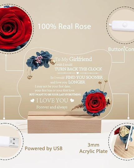 Yamonic Valentines Day Gifts for Her, Handmade Acrylic Plaque with Eternal Real Rose, Night Light with Preserved Rose Romantic Gifts for Girlfriend Wife Women (to My Girlfriend) - LeafyLoom