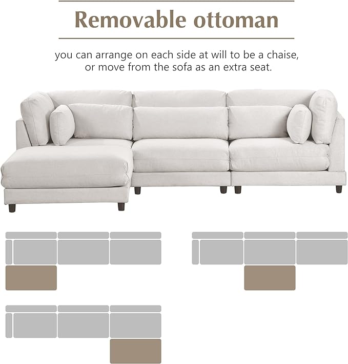 110.6" Modern 2 Pieces L Shaped Sofa with Removable Ottomans and Comfortable Waist Pillows, 4 Seat Large Upholstery Sectional Couch for Living Room, Office, Home, Apartment, 77.2inch, Beige-3 - LeafyLoom