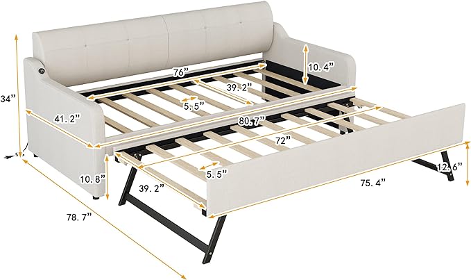 Upholstered Daybed with Pop Up Trundle, Twin Size Daybed with Trundle and USB Charging Ports, for Living Room Bedroom Guest Room, Beige - LeafyLoom