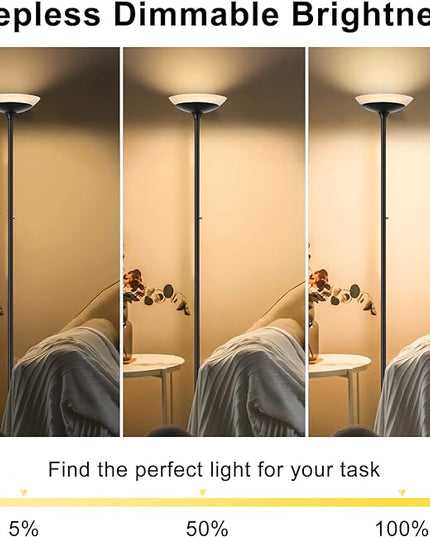 BoostArea Torchiere Floor Lamp, 24W Super Bright LED Standing Lamp, Stepless Dimmable Pole Lamp with 3000K Lighting, Rotary Switch, 70 Inch Tall Metal Modern Floor lamps for Living Room/Bedroom Black - LeafyLoom