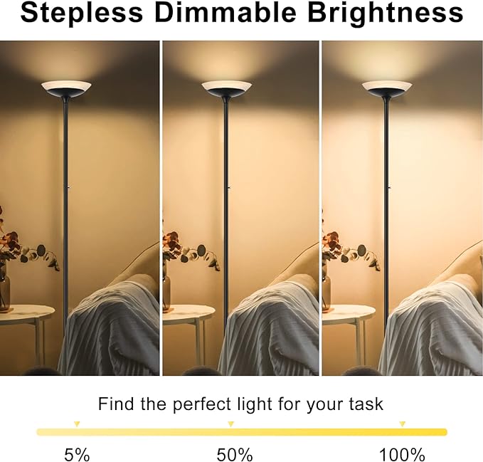 BoostArea Torchiere Floor Lamp, 24W Super Bright LED Standing Lamp, Stepless Dimmable Pole Lamp with 3000K Lighting, Rotary Switch, 70 Inch Tall Metal Modern Floor lamps for Living Room/Bedroom Black - LeafyLoom