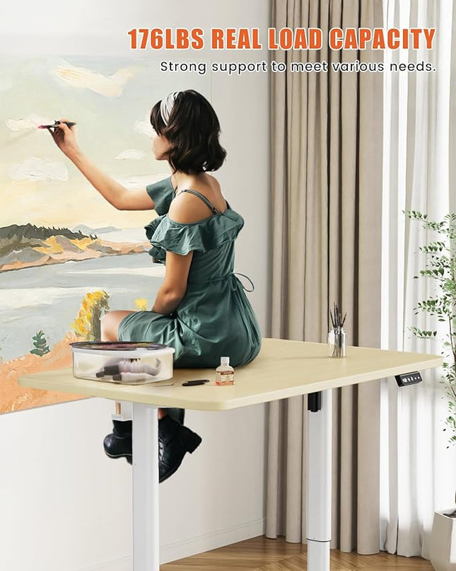 Electric Standing Desk Adjustable Height Stand Up Desk, 48" x 24" Sit Stand Desk, Low Noise Home Office Desk, Computer Desk with Whole-Piece Board, Child Lock & Memory Function, Maple - LeafyLoom