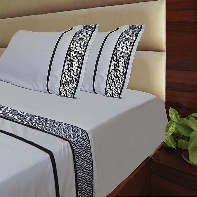 1000 TC King Size 4 Piece Sheet Set - 100% Egyptian Cotton Sheets - 1000 Thread Count - Breathable & Cooling Hotel Luxury Bedding - 18" Deep Pockets, King Sheets - Black Embroidered Light Grey Sheets - LeafyLoom