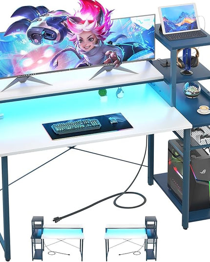 47.2'' Gaming Desk with LED and storage Shelves, 47 Computer Desk with Long Monitor Stand, Small Desk for Small Space, Simple Study Student Writing Desk, Laptop Table for Home Office, White - LeafyLoom