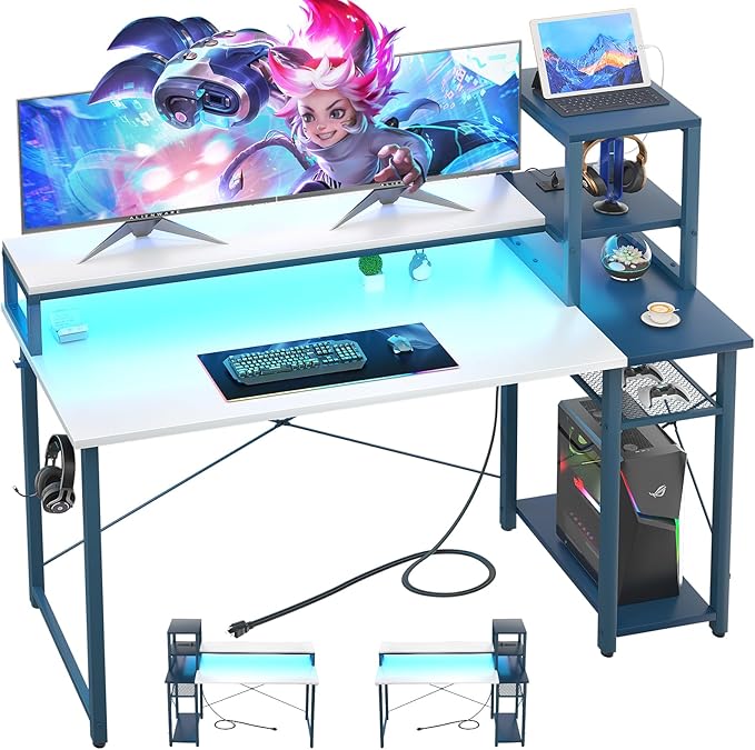 47.2'' Gaming Desk with LED and storage Shelves, 47 Computer Desk with Long Monitor Stand, Small Desk for Small Space, Simple Study Student Writing Desk, Laptop Table for Home Office, White - LeafyLoom