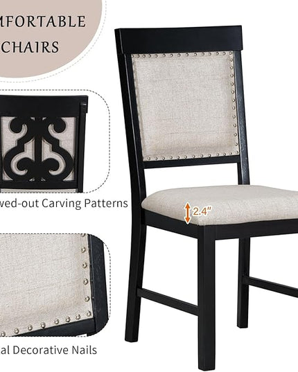 5-Piece Retro Dining Set with Rectangular Symmetrical Arc Pattern Design Wooden Table and 4 Upholstered Chairs, Kitchen Dinette Furniture for Living Room, Home Bar, Black+Beige-1 - LeafyLoom