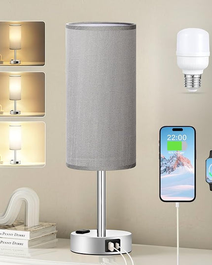 Grey Nightstand Table Lamp for Bedroom - 3 Way Dimmable Bedside Lamp USB C A Charging Ports and AC Outlet, Small Table Lamp Silver Base for Living Room, Office Desk, LED Bulb Included - LeafyLoom