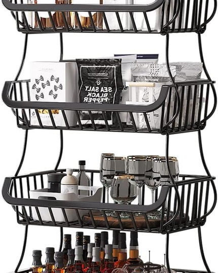 Wisdom Star 6 Tier Fruit Vegetable Basket for Kitchen with Wooden Tabletop, Storage Cart Vegetable Basket Bins for Onions and Potatoes, Wire Storage Basket Organizer Utility Cart with Wheels, Black - LeafyLoom