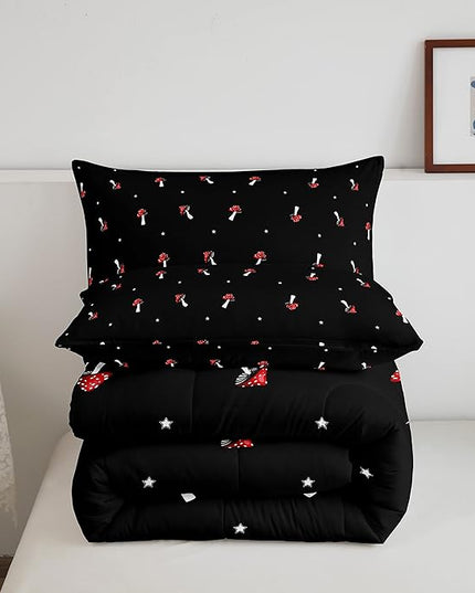 Cute Mushroom Kawaii Comforter Set Queen Kid Cartoon Bedding Set Red Mushroom Duvet Set Farmhouse Botanical Reversible Quilt Set Lovely Natural Wild Plants Comforter Set For Bedroom Decor, Black - LeafyLoom