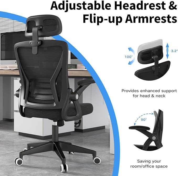 Ergonomic Office Chair, Mid Back Desk Chair with Adjustable Height, Swivel Chair with Flip-Up Arms and Lumbar Support, Breathable Mesh Computer Chair with Headrest (Black) - LeafyLoom