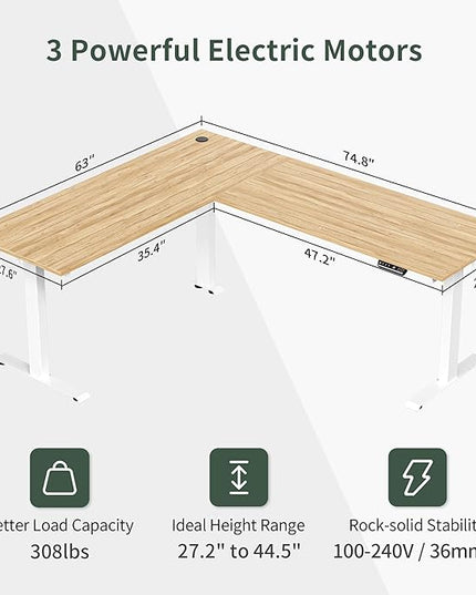 FEZIBO 75 Inches Triple Motor L Shaped Standing Desk Reversible, Electric Height Adjustable Corner Stand up Desk, Sit Stand Desk Computer Workstation, White Frame/Natural Top - LeafyLoom
