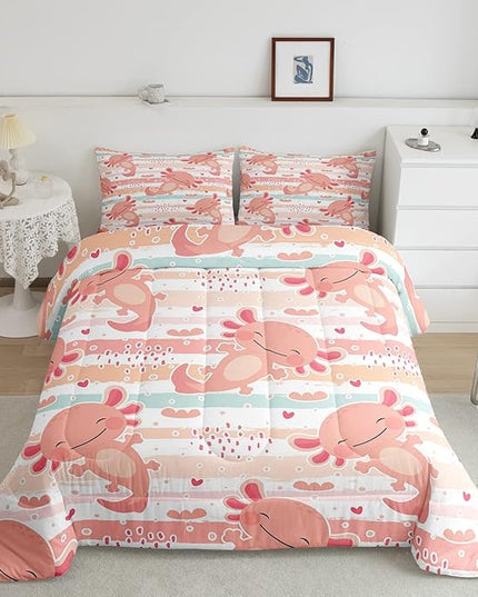 Cute Axolotl Comforter Set Queen Size Rainbow Stripes Quilt Set Animal Theme Bedding Comforters 3pcs for Kids Teens Room Decor,Pink Romantic Soft Duvet Set with 2 Pillowcases - LeafyLoom