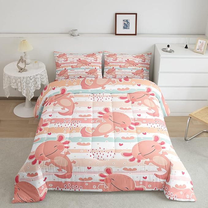Cute Axolotl Comforter Set Queen Size Rainbow Stripes Quilt Set Animal Theme Bedding Comforters 3pcs for Kids Teens Room Decor,Pink Romantic Soft Duvet Set with 2 Pillowcases - LeafyLoom