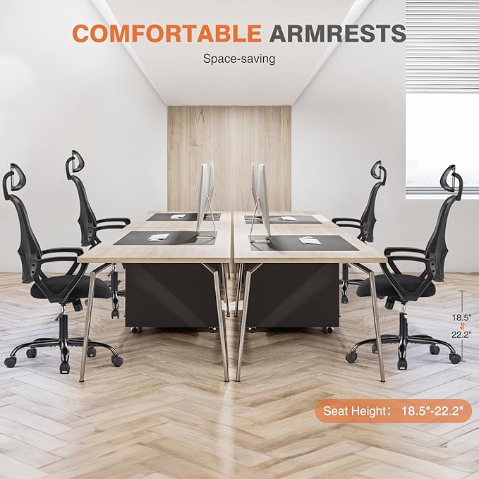 Sweetcrispy Office Computer Desk Chair, Ergonomic High-Back Mesh Rolling Work Chairs with Wheels and Adjustable Headrests, Comfortable Lumbar Support, Comfy Armrest for Home, Bedroom, Study,Black - LeafyLoom