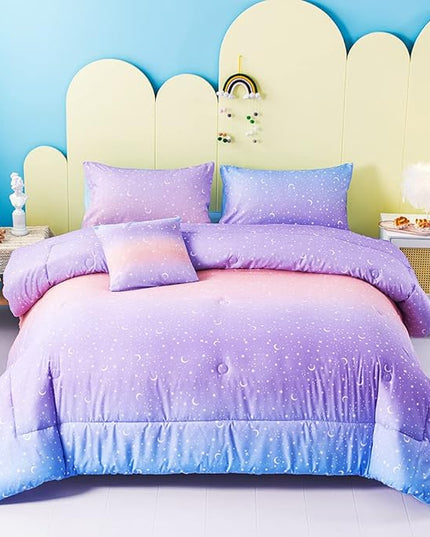 URBONUR Girls Comforter Set Full Size Gradient Purple Orange Moon Star Print Bedding Comforter with Sheets Set 6 Pcs Bed in A Bag (Comforter, Flat Sheet, Fitted Sheet, Pillowcases and Cushion Cover) - LeafyLoom
