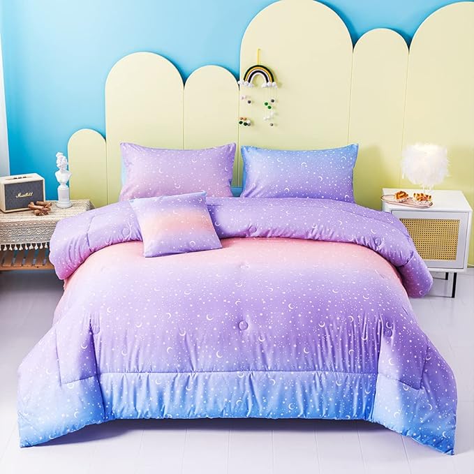 URBONUR Girls Comforter Set Full Size Gradient Purple Orange Moon Star Print Bedding Comforter with Sheets Set 6 Pcs Bed in A Bag (Comforter, Flat Sheet, Fitted Sheet, Pillowcases and Cushion Cover) - LeafyLoom