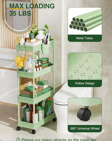 LEHOM Slim Rolling Storage Cart - 4 Tiers Bathroom Organizer Utility Cart Slide Out Storage Shelves Mobile Shelving Unit for Kitchen, Bedroom, Office, Laundry Room, Small Narrow Spaces, Green - LeafyLoom