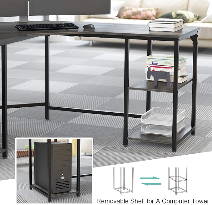 Elephance L-Shaped Desk with Shelves, Computer Corner Desk, Home Office Writing Workstation, Gaming Desk PC Laptop Table with Storage - LeafyLoom