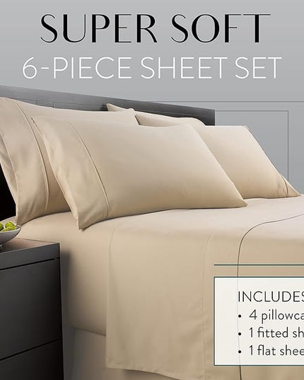 Danjor Linens Full Size Sheets Set - 6 Piece Set Including 4 Pillowcases- Deep Pockets - Breathable, Soft Bed Sheets - Wrinkle Free - Machine Washable - Taupe Bed Sheets - 6 pc - LeafyLoom