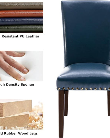 COLAMY Upholstered Parsons Dining Chairs Set of 2, PU Leather Dining Room Kitchen Side Chair with Nailhead Trim and Wood Legs - Blue - LeafyLoom