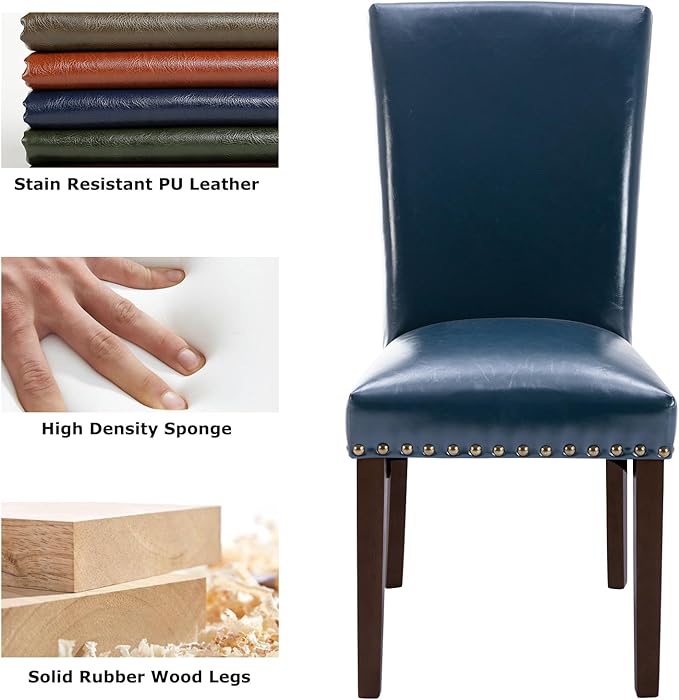 COLAMY Upholstered Parsons Dining Chairs Set of 4, PU Leather Dining Room Kitchen Side Chair with Nailhead Trim and Wood Legs - Blue - LeafyLoom