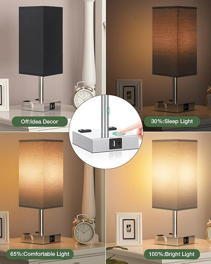 aooshine Black Set of 2 Touch Lamp with USB Port-Nightstand Lamp with USB-C+A Charge Ports& AC Outlets, 3-Way Dimmable Bedside Lamp with Shade,Small Table Lamp for Bedroom Living Room(Bulb Included) - LeafyLoom