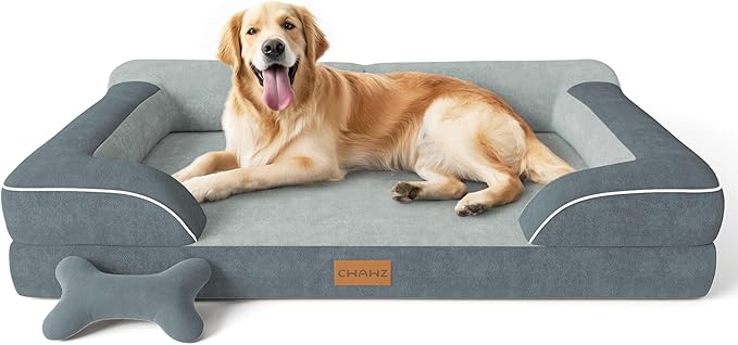 Extra Large Dog Bed, Orthopedic Dog Bed with Cooling Gel Memory Foam, Waterproof XL Dog Bed with Removable Washable Cover, 42" Dog Sofa Couch Dutch Velvet with Bone Toy, Dark Gray LeafyLoom