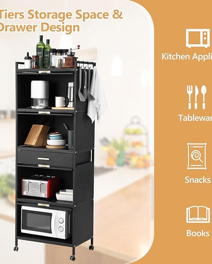 Kitchen Pantry Cabinet, 5 Tiers Freestanding Buffet Cupboards Sideboard with Brakeable Casters, Kitchen Pantry Storage Cabinet for Kitchen, Living Room and Dinning Room - LeafyLoom
