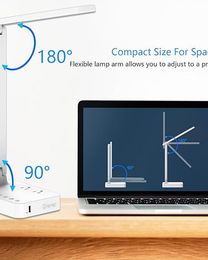 Drevet LED Desk Lamp, Desk Light with 1 USB Charging Port and 2 AC Power Outlet, 3 Lighting Modes, 3 Level Brightness,1H Timer, Touch Control, Eye-Caring Home Office Foldable Table Lamp (White) - LeafyLoom