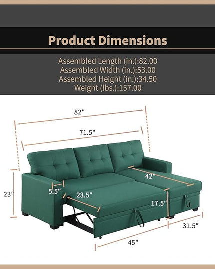 4-in-1 Modular Sofa Bed Pull Out Convertible Living Room Furniture Sets Upholstered, L Shaped Sectional Comfy Couch with Reversible Storage Chaise for Apartment, Studio, Office - Green - LeafyLoom
