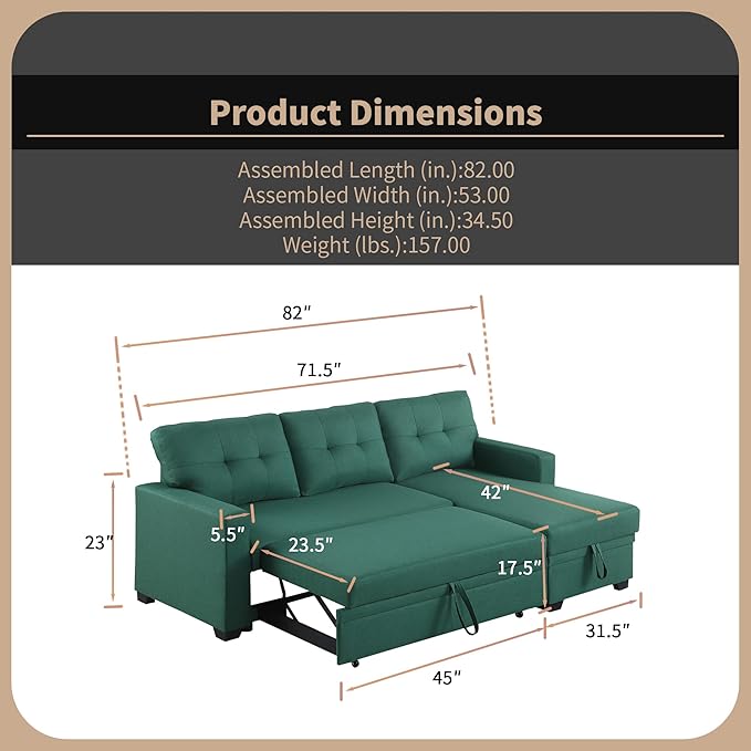 4-in-1 Modular Sofa Bed Pull Out Convertible Living Room Furniture Sets Upholstered, L Shaped Sectional Comfy Couch with Reversible Storage Chaise for Apartment, Studio, Office - Green - LeafyLoom