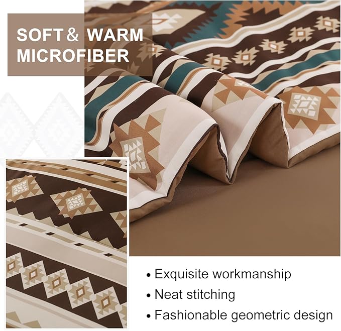 Dinjoy Boho King Size Bed in A Bag 7 Pieces,Brown/Coffee Comforter Set Aztec Striped Bedding Set Bohemian Patchwork Complete Set Geometric Pattern Comforters for Women Men 90"×104" - LeafyLoom