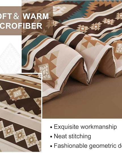 Dinjoy Brown Boho Comforter Set Queen Size,7 Pieces Bed in a Bag Queen Coffee Western Bedding Sets with Sheets Bohemian Geometric Striped Complete Set Aztec for All Seasons Summer 90"x90" - LeafyLoom