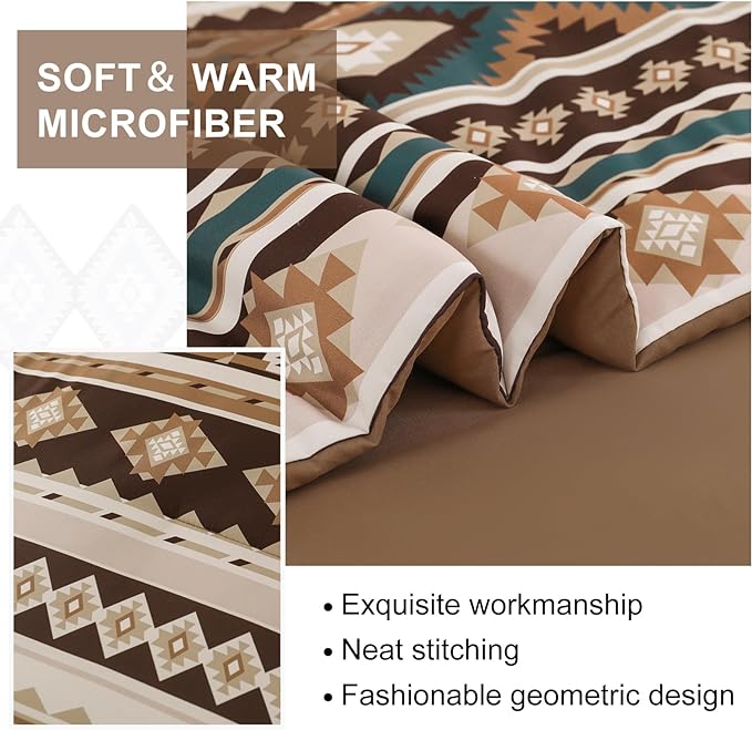 Dinjoy Brown Boho Comforter Set Queen Size,7 Pieces Bed in a Bag Queen Coffee Western Bedding Sets with Sheets Bohemian Geometric Striped Complete Set Aztec for All Seasons Summer 90"x90" - LeafyLoom