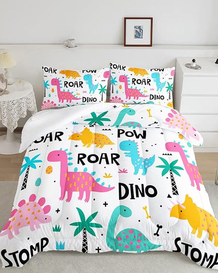 Axolotl Girls Bedding Cartoon Dinosaur Comforter Set Queen Size,Cute Dinosaur Bedding Set for Girls Teens Kids Boys Adults Room Decor,Kids Comforter Set All Season,1 Quilt 2 Pillow Cases,White - LeafyLoom