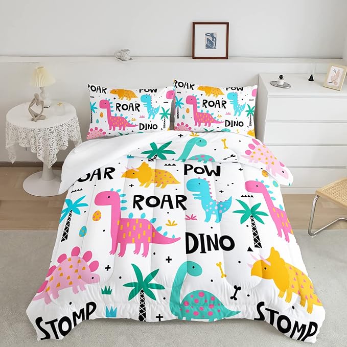 Axolotl Girls Bedding Cartoon Dinosaur Comforter Set Queen Size,Cute Dinosaur Bedding Set for Girls Teens Kids Boys Adults Room Decor,Kids Comforter Set All Season,1 Quilt 2 Pillow Cases,White - LeafyLoom