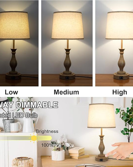 Touch Lamps for Bedrooms Set of 2, Farmhouse Table Lamp with Dual USB Charging Ports, 3 Way Dimmable Nightstand Lamps with Linen Fabric Lampshade for Bedroom, Living Room (Pack2-01A) - LeafyLoom