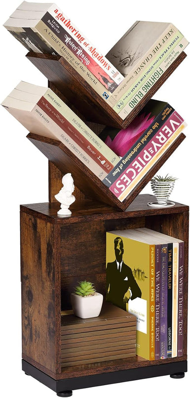 ruboka 2-Shelf Tree Bookshelf with Storage, 26.5-Inch Retro Floor Standing Bookcase Display for CDs/Magazine/Books, Small Bookshelf for Bedroom, Living Room, Office, Brown Storage Shelves - LeafyLoom