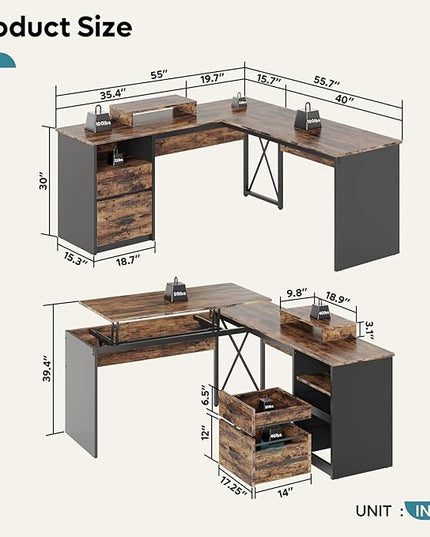 Bestier Lift Top L Shaped Desk with File Drawer, 55'' x 55'' Office Desk with Reversible Storage Drawers, L Shaped Standing Desk with Computer Monitor Stand - LeafyLoom