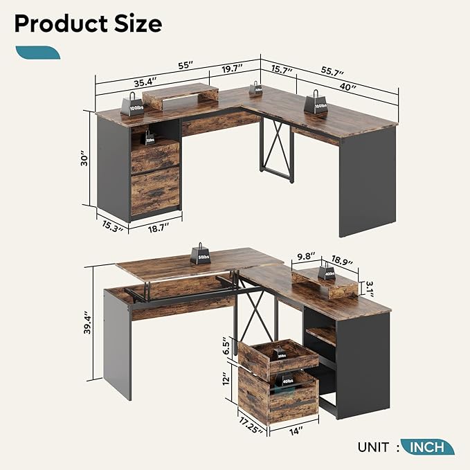 Bestier Lift Top L Shaped Desk with File Drawer, 55'' x 55'' Office Desk with Reversible Storage Drawers, L Shaped Standing Desk with Computer Monitor Stand - LeafyLoom