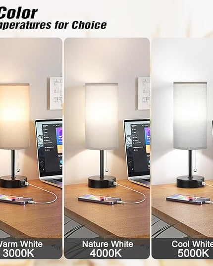 Grey Table Bedside Lamp for Bedroom Nightstand- Small Lamp with USB A + C Charging Port, 3 Color Temperatures Pull Chain Night Stand Light with Bulb, Side Table Desk Reading Lamp for Living Room - LeafyLoom