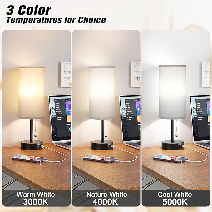 Grey Table Bedside Lamp for Bedroom Nightstand- Small Lamp with USB A + C Charging Port, 3 Color Temperatures Pull Chain Night Stand Light with Bulb, Side Table Desk Reading Lamp for Living Room - LeafyLoom