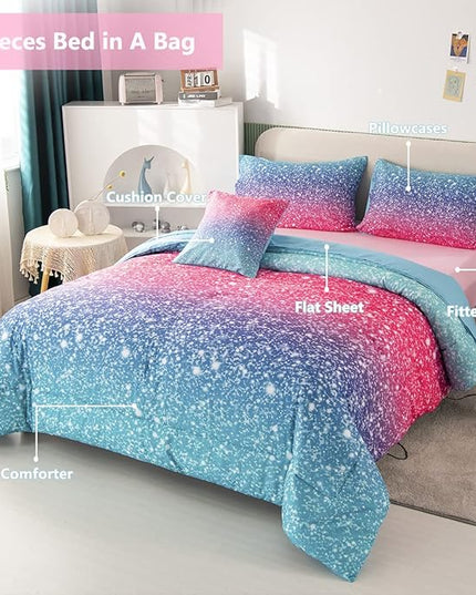 PERFEMET Girls Comforter Set Twin Size 6 Piece Bed in A Bag 3D Colorful Rainbow Bedding Comforter Sheet Set for Kids - (1 Comforter, 1 Flat Sheet, 1 Fitted Sheet, 2 Pillowcases, 1 Cushion Cover) - LeafyLoom