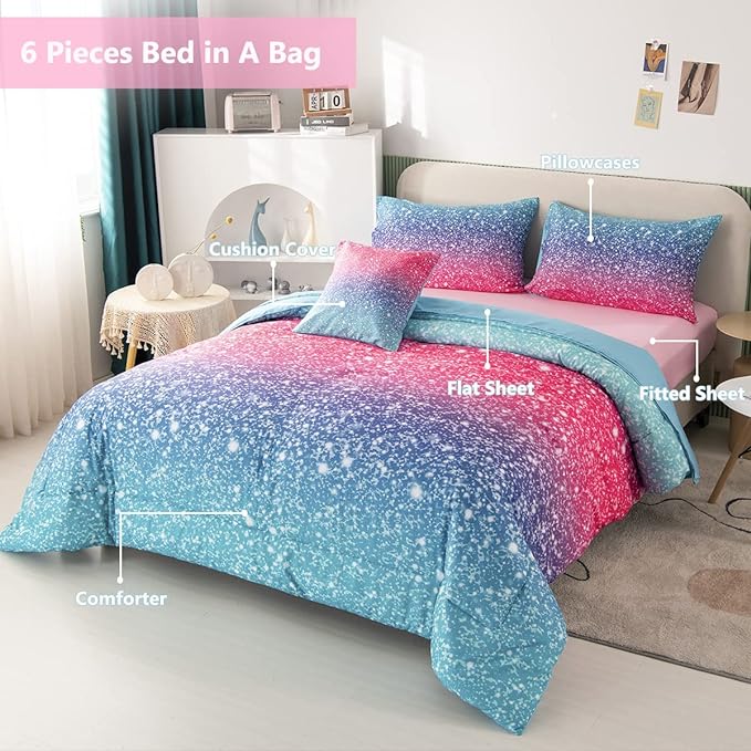 PERFEMET Girls Comforter Set Queen Size, 6 Piece Bed in A Bag, Colorful Rainbow Bedding Set with Comforter and Sheet, Gradient Pink Glitter Galaxy Bed Set for Teen Girls Kids Women, Blue Turquoise - LeafyLoom