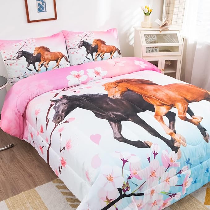 Feelyou Girls Horse Comforter Set Full Size Galloping Horses Bedding Set for Kids Teens Cherry Blossom Comforter 3D Wild Animal Duvet Set Farmhouse Bedroom Decor Quilt Set with 2 Pillow Cases 3Pcs - LeafyLoom