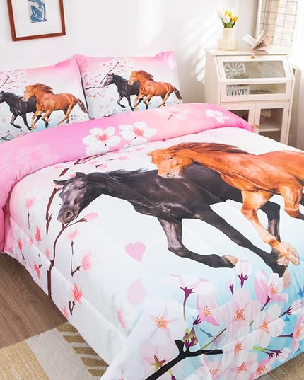 Feelyou Kids Horse Bedding Set for Girls Queen Size Chic Cherry Blossom Comforter Set for Horse Lover Gift Galloping Horse Printed Comforter 3D Wild Animal Duvet Set Bedroom Decor Quilt Set 3Pcs - LeafyLoom