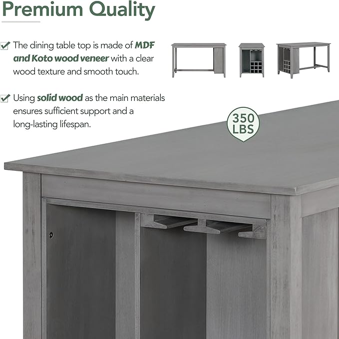 Modern Multi Functional Rubber Wood Counter Height Padded Chairs and Integrated 9 Bar Compartment, Wine Glass Holders Room, Gray, 5 Piece Dining Table Set - LeafyLoom