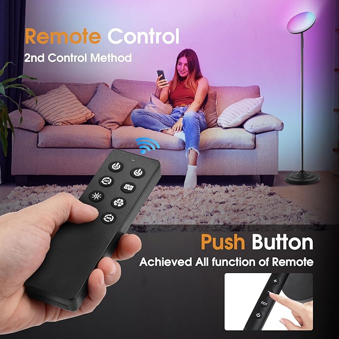Floor Lamp, 36W/3600LM Bright Floor Lamp with Remote Control, RGB Color Changing Torchiere Floor Lamp, Stepless Adjust Color Temperatures & Brightness for Bedroom and Play Room - LeafyLoom