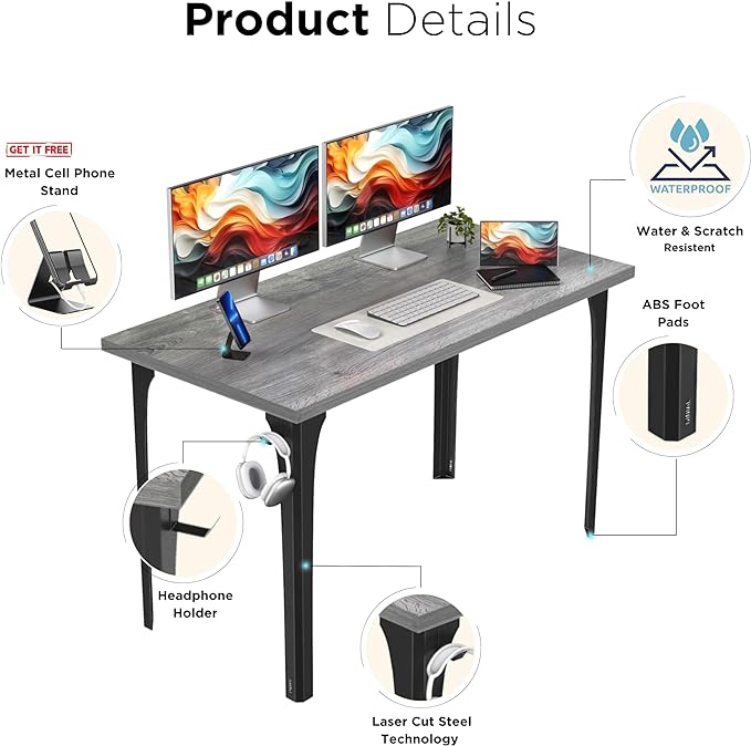Home Office Computer Desk 47.2x23.6 inch gaming Desk, Modern and Minimalist home office desk, Home Office Desks, Study Desk, Craft table Black Metal Designed Frame, Gray Oak Board color. - LeafyLoom